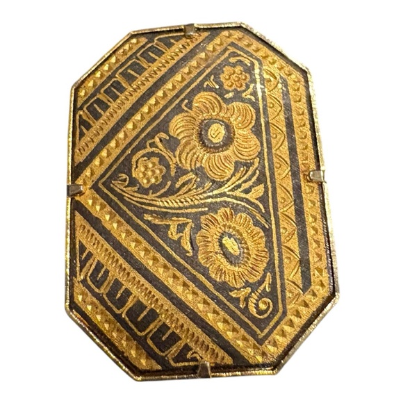 Vintage Black Gold Floral Etched Octagon Brooch Pin J23 - Picture 3 of 5